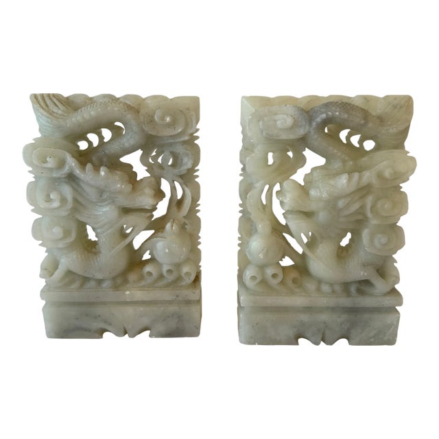 Pair of Late 19th Century Carved Onyx Dragon Asian Bookends For Sale