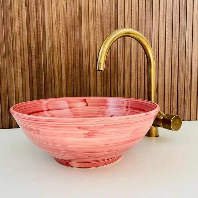 Pink Ceramic Countertop Round Sink, Handmade For Sale - Image 4 of 7