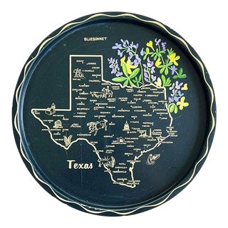 Round Texas Bluebonnet Tin Serving Tray in Black and Cream Mid Century For Sale