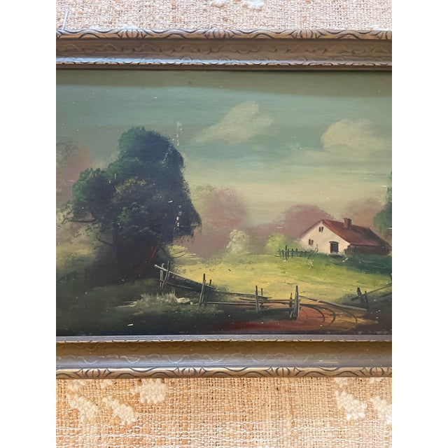 Paper Vintage Framed Board Canvas Landscape Painting Display Fixture Sales Co. Chicago For Sale - Image 7 of 9