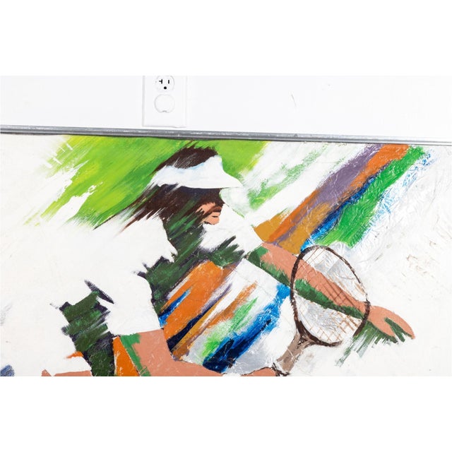 A dynamic contemporary mixed-media painting depicting a female tennis player in motion, poised with racket extended during...