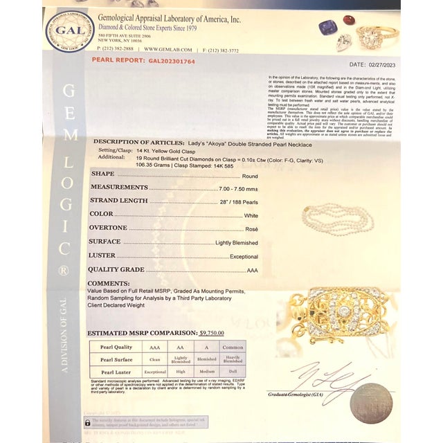 Akoya Pearl Diamond Double Stranded Necklace 14k Y Gold Certified For Sale - Image 9 of 9