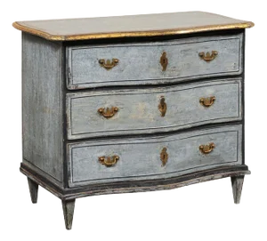 French Serpentine Commode, Blue with Gold Trim