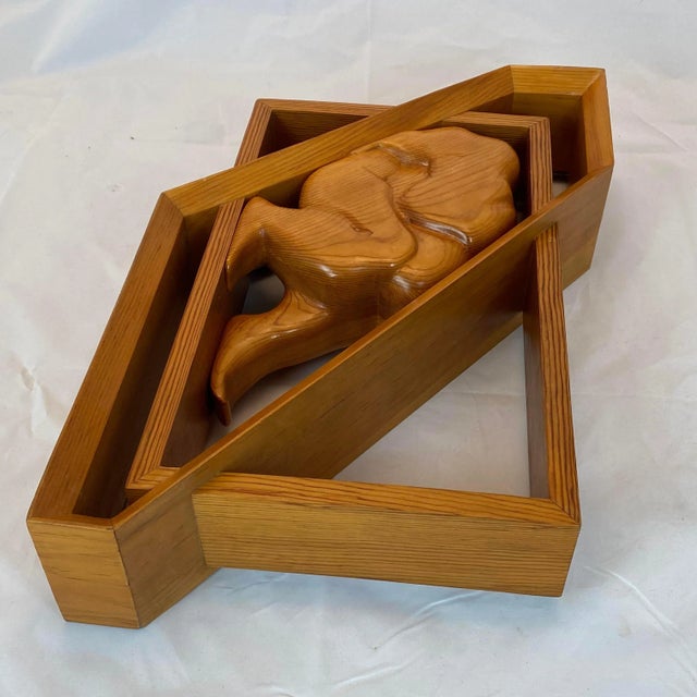 Wood Mid-Century Figural Carved Wood Geometric Sculpture Confined Man in Box For Sale - Image 7 of 13