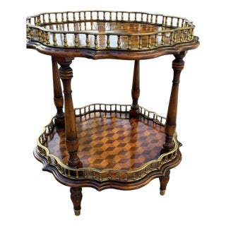 Vintage French Style Two-Tier Parquetry Side Table With Brass Gallery For Sale