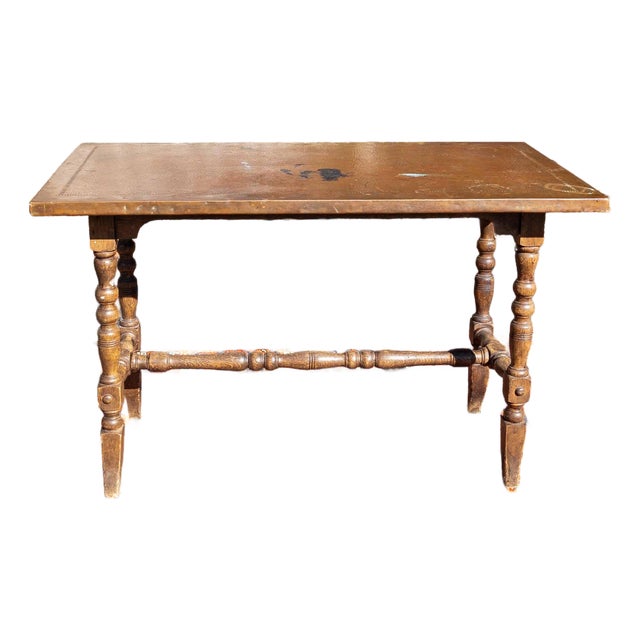 Early 20th Century Arts and Crafts Copper Clad Top Spanish Jacobean Revival Sofa Table For Sale