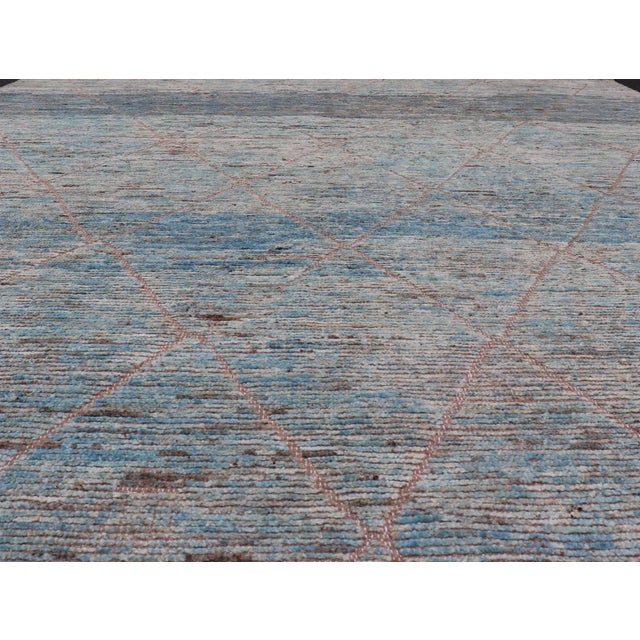 Modern Tribal Rug in Wool With Sub-Geometric Design in Blue Tan & Ivory For Sale - Image 4 of 12