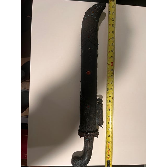 Vintage Sino Tibetan Short Sword Dagger Hand Forged Steel Repousse Scabbard 25" For Sale - Image 11 of 15
