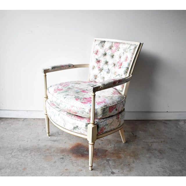 Wood Vintage Louis XVI Floral Chintz Bergere Armchair For Sale - Image 7 of 13