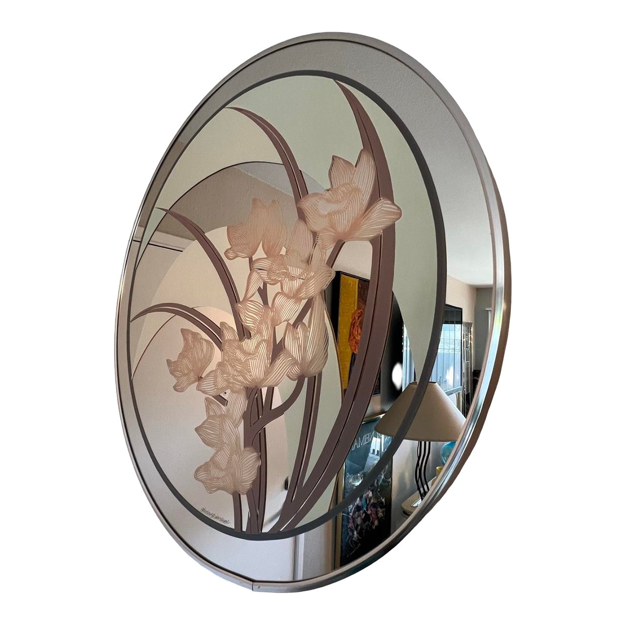 Postmodern 1980s Pink Windsor Wall Circle Brass Mirror Flowers