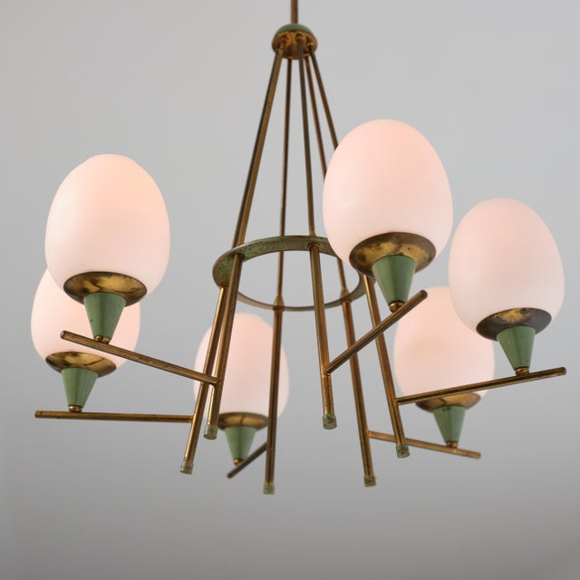 Vintage Italian Chandelier in Brass with Green-Lacquered Metal and Opaline Glass, 1950s For Sale - Image 6 of 12