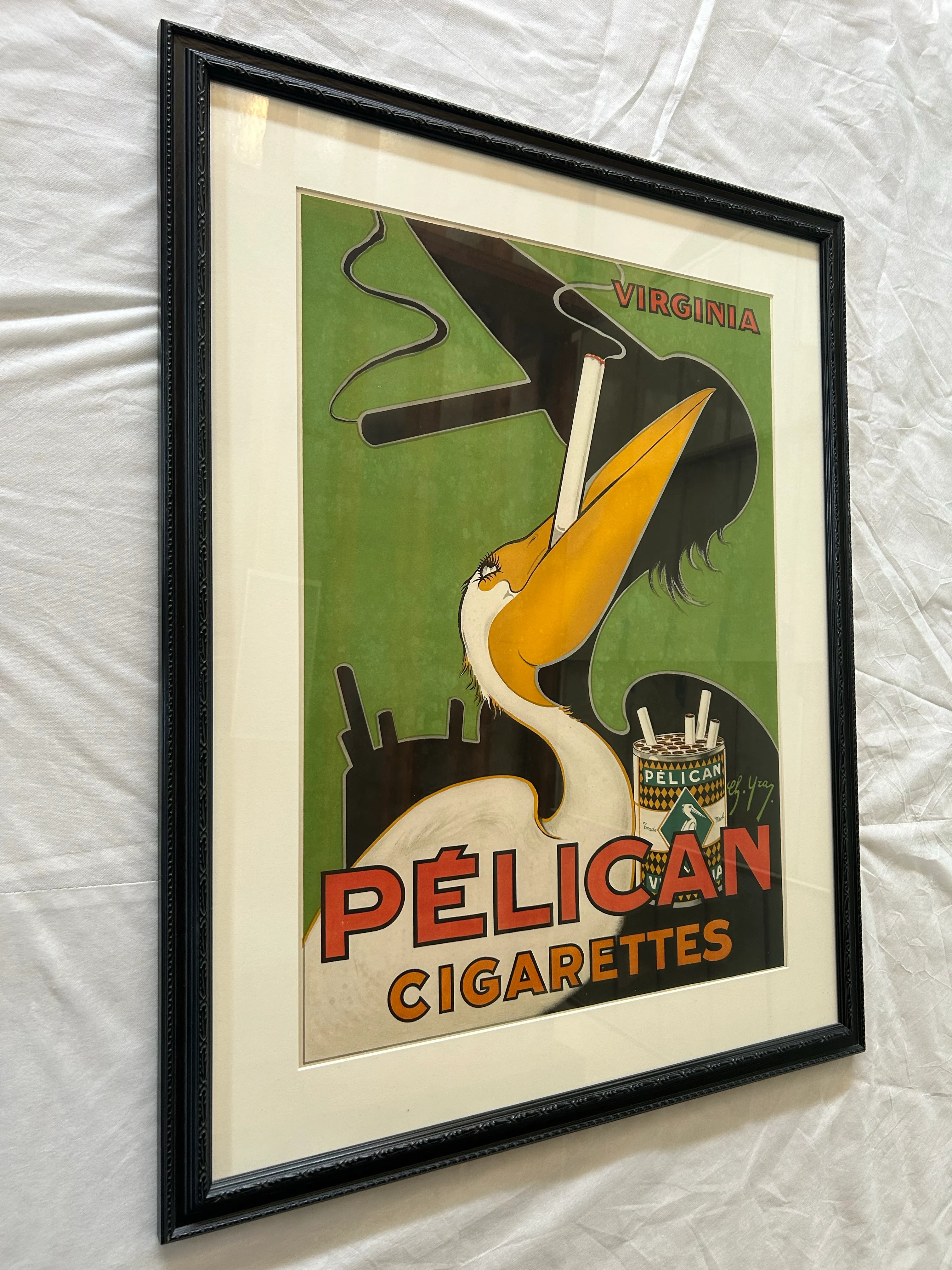 1930s Framed Vintage French Poster, Charles Yray's Pelican Cigarettes - 1  Piece
