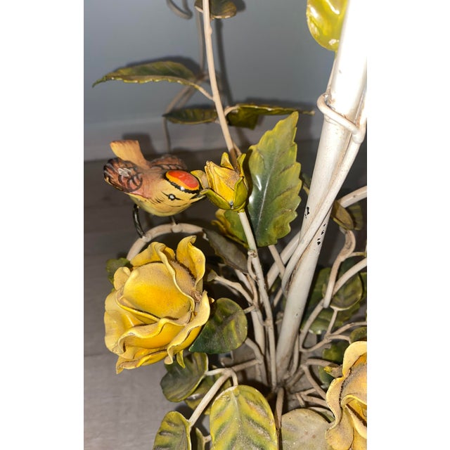 Vintage Tole Table Lamp With Yellow Roses and Birds For Sale In Tampa - Image 6 of 8