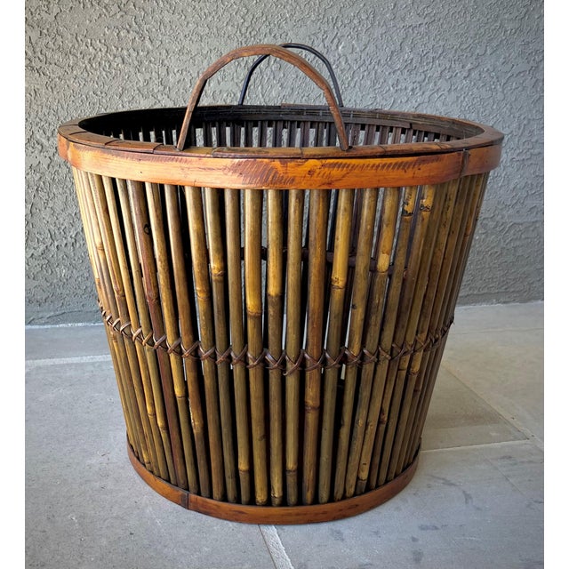 Mid 20th Century Mid 20th-Century Split Bamboo Tortoiseshell Planter Floor Basket With Ear Handles For Sale - Image 5 of 18