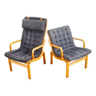 Mid 20th Century Danish Modern Lounge Chairs Blue Grey Bentwood Set Pair Tufted MCM For Sale