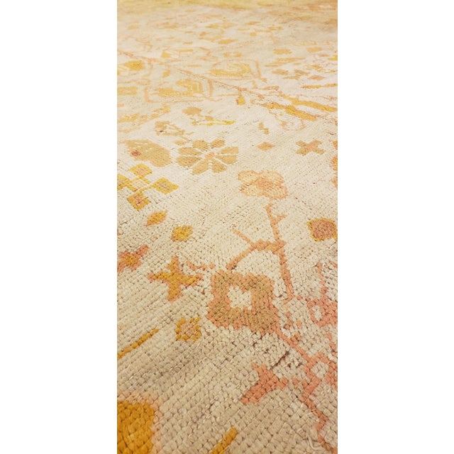 Brown Antique Oushak Carpet, Handmade Oriental Rug, Pale Blue Green, Yellow, Coral Rug For Sale - Image 8 of 18