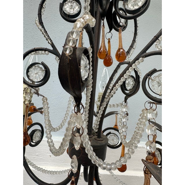 1980s Vintage French Rococo Revival 6-Arm Wrought Iron Chandelier With Amber Glass Drops. For Sale - Image 5 of 12
