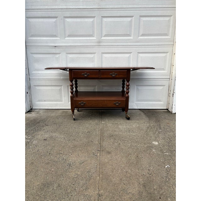 Mid-Century Modern Vintage Ethan Allen Drop Leaf Serving Cart |Console Table Rolling Bar Cart | Colonial Revival Maple Sofa Table With Storage Drawer For Sale - Image 3 of 11