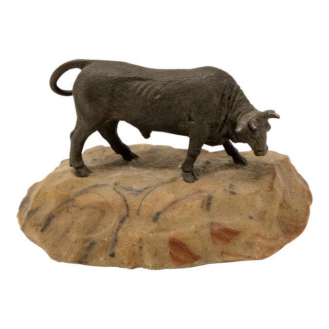Mid 20th Century Bronze Bull on Stone Base For Sale