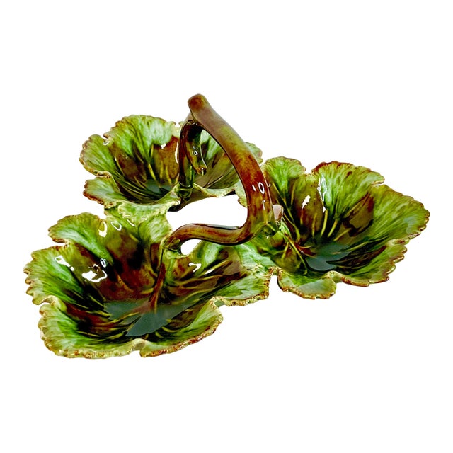 Vintage Americana Folk Art Majolica Faux Bois Leaf and Branch Relish Dish, 3 Sections. For Sale