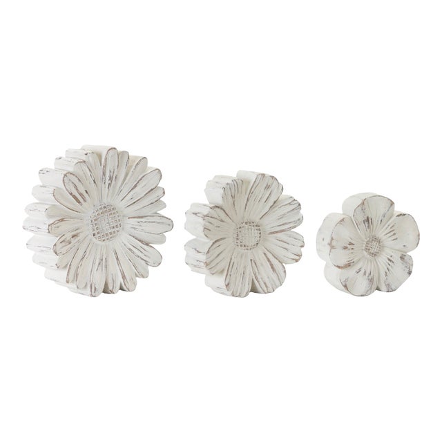 White Washed Stone Flower Decor (Set of 3) For Sale