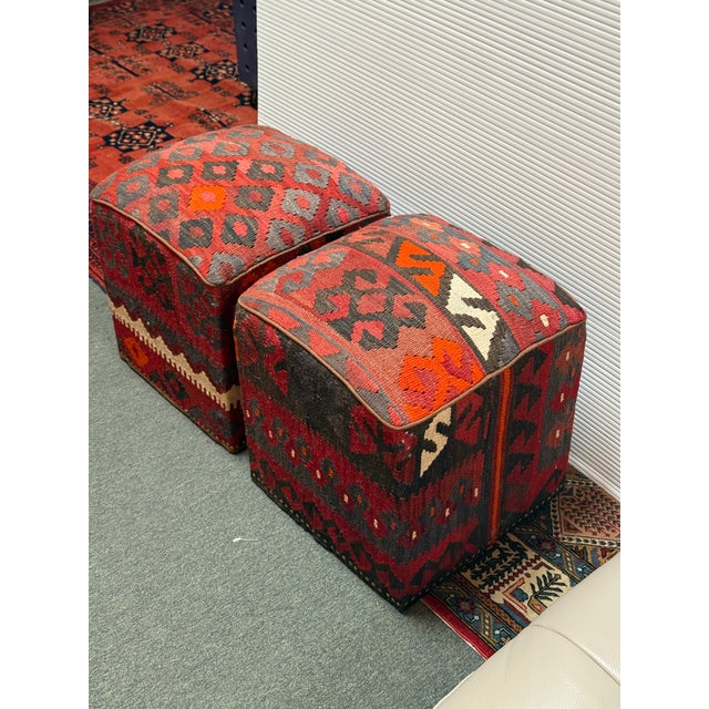 Tribal Kilim Hassock Foostools, Set of Two For Sale - Image 3 of 12