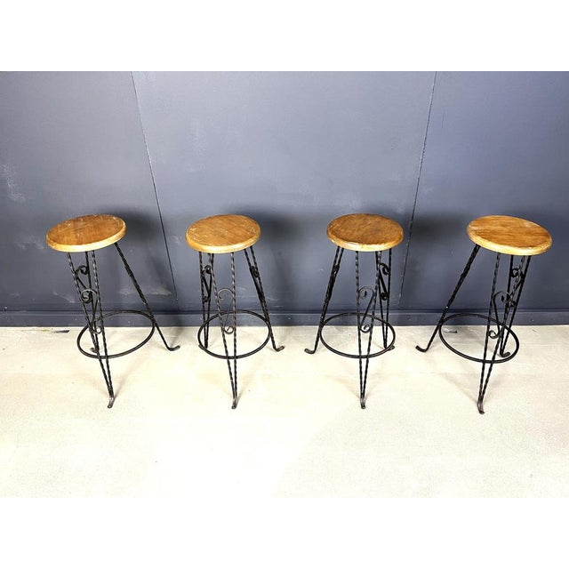 Rustic Vintage French Wrought Iron Bar Stools, 1960s, Set of 4 For Sale - Image 3 of 11