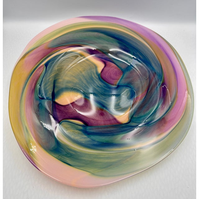 This is a beautiful hand-crafted studio art glass bowl. - It can be used as a platter or centerpiece. - It is signed by...
