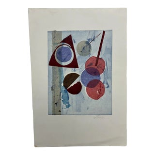 Abstract Modern Blue Geometric Artwork on Paper Signed For Sale