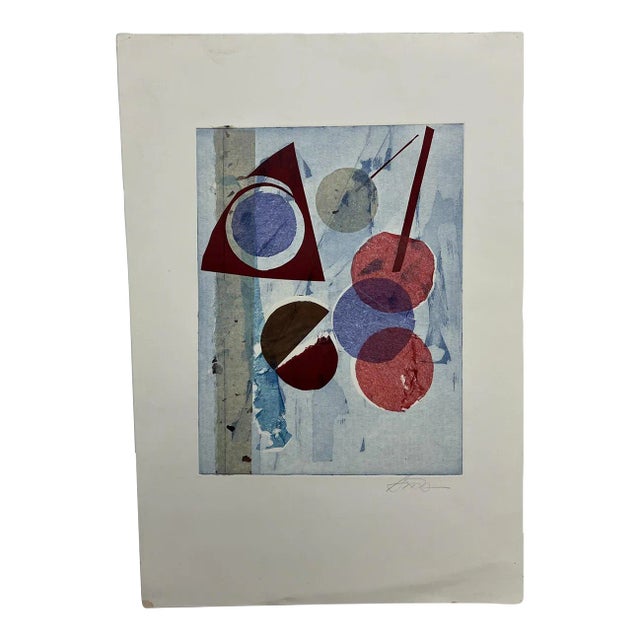 Abstract Modern Blue Geometric Artwork on Paper Signed For Sale