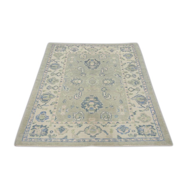 Turkish Oushak Rug Green & Blue Handwoven Wool Rug 4' X 5'5" For Sale In Houston - Image 6 of 8
