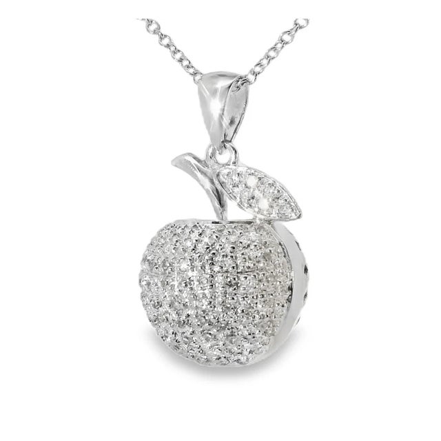 14K White Gold Apple Pendant with Diamonds. This charming piece features numerous brilliant round diamonds, each measuring...