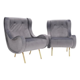 Pair Italian Mid-Century Modern Brass Legs Grey Arm Lounge Chairs For Sale