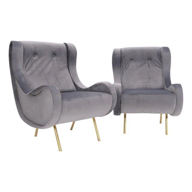 Pair Italian Mid-Century Modern Brass Legs Grey Arm Lounge Chairs For Sale