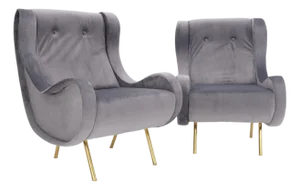Pair Italian Mid-Century Modern Brass Legs Grey Arm Lounge Chairs