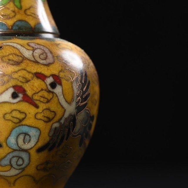 Yellow Pair of Vintage Cloisonné Enamel Vases With Crane and Cloud Motif For Sale - Image 8 of 9