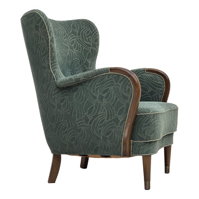 Vintage Danish Lounge Chair in Green Furniture Velour and Beech Wood, 1960s For Sale