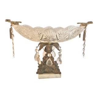 Vintage Mid 20th Century Brass/Glass Compote Dish With Dangling Crystals and Marble Base For Sale