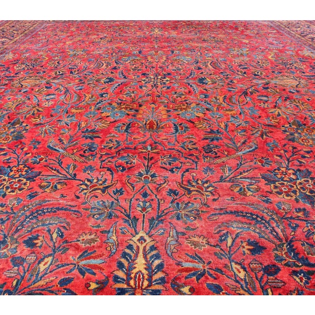 Early 20th Century Antique Persian All-Over Kashan Rug With Leaf and Bird Pattern in Red & Blue For Sale - Image 5 of 13