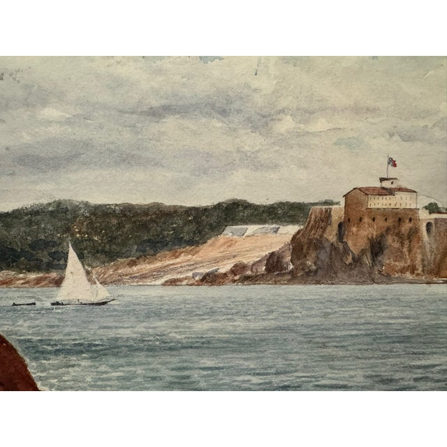 Impressionist Early 20th Century Frank Henry Mason Signed Original Watercolor Coastal Fortress Sailboat Figures Seascape For Sale - Image 3 of 7