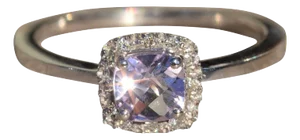 The Lavender: Contemporary Checkerboard Cut Pale Amethyst and Diamond Halo Ring