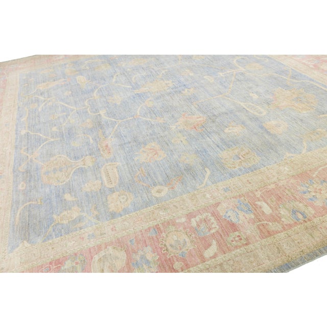 Modern Modern Oushak Style Area Rug – Hand-Knotted Wool – Muted Blue, Soft Peach & Sand For Sale - Image 3 of 11