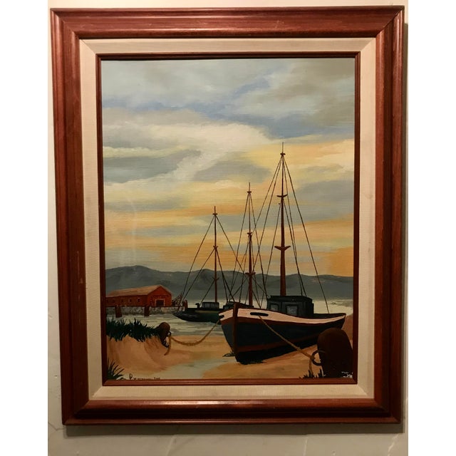 Blue 1978 Original Seascape "Sailboats at Dock" Oil on Canvas Signed by Artist For Sale - Image 8 of 8