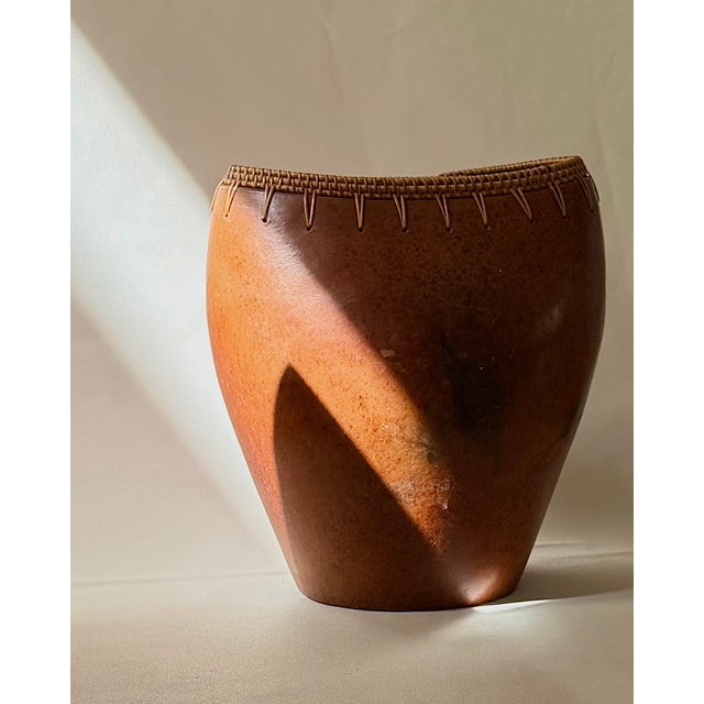 Wood Pair of Vintage Indonesian Ceramic Vessels With Hand-Woven Rattan Rim For Sale - Image 7 of 18