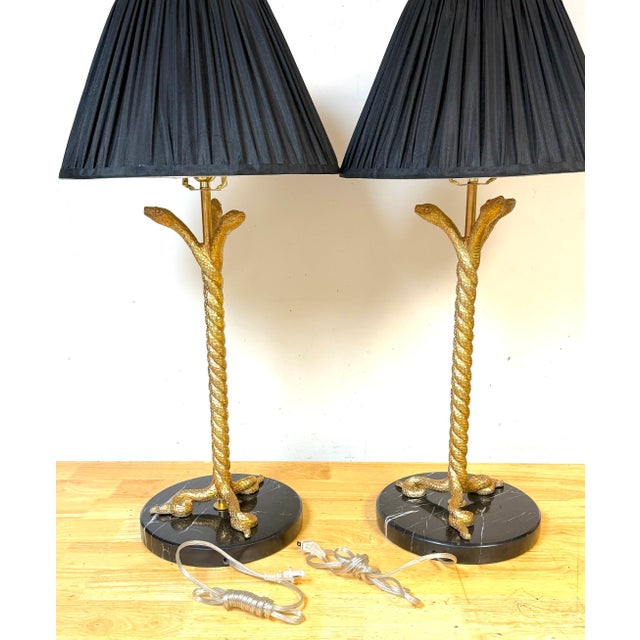 Neoclassical Late 20th Century Pair Italian Neoclassical Gilt Metal Three-Serpent Table Lamps, Marble Bases For Sale - Image 3 of 13