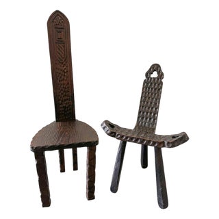 Pair of 19th Century Folk Art Wooden Chairs Including Primitive Birthing Chair For Sale