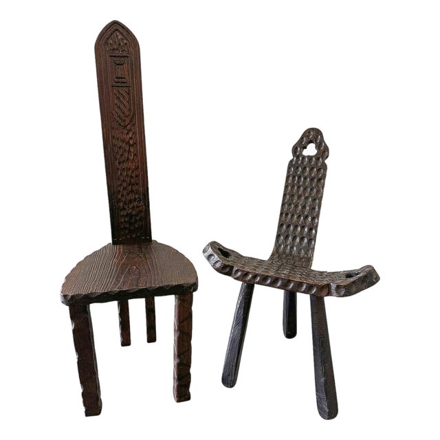 Pair of 19th Century Folk Art Wooden Chairs Including Primitive Birthing Chair For Sale
