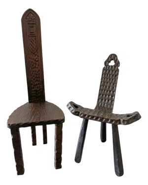Pair of 19th Century Folk Art Wooden Chairs Including Primitive Birthing Chair