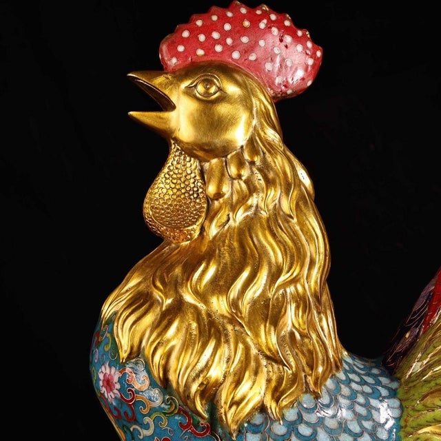 Late 20th Century Gilt Bronze Cloisonné Enamel Rooster Figure With Coin Motif For Sale In Los Angeles - Image 6 of 10