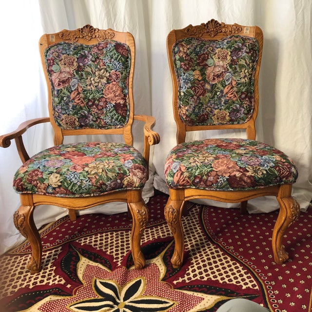 Vintage French Provincial Tapestry Host & Hostess Chairs - Pair / Louis ...